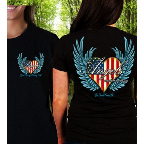 Country Life Outfitters Angel Black USA Heart American Flag Wings Vintage Girlie Bright T Shirt - SimplyCuteTees