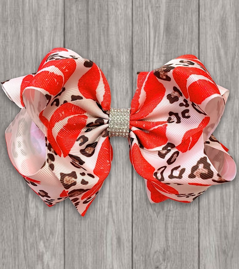 Large Rhinestone Leopard & Lips Kiss Print Hair Bow