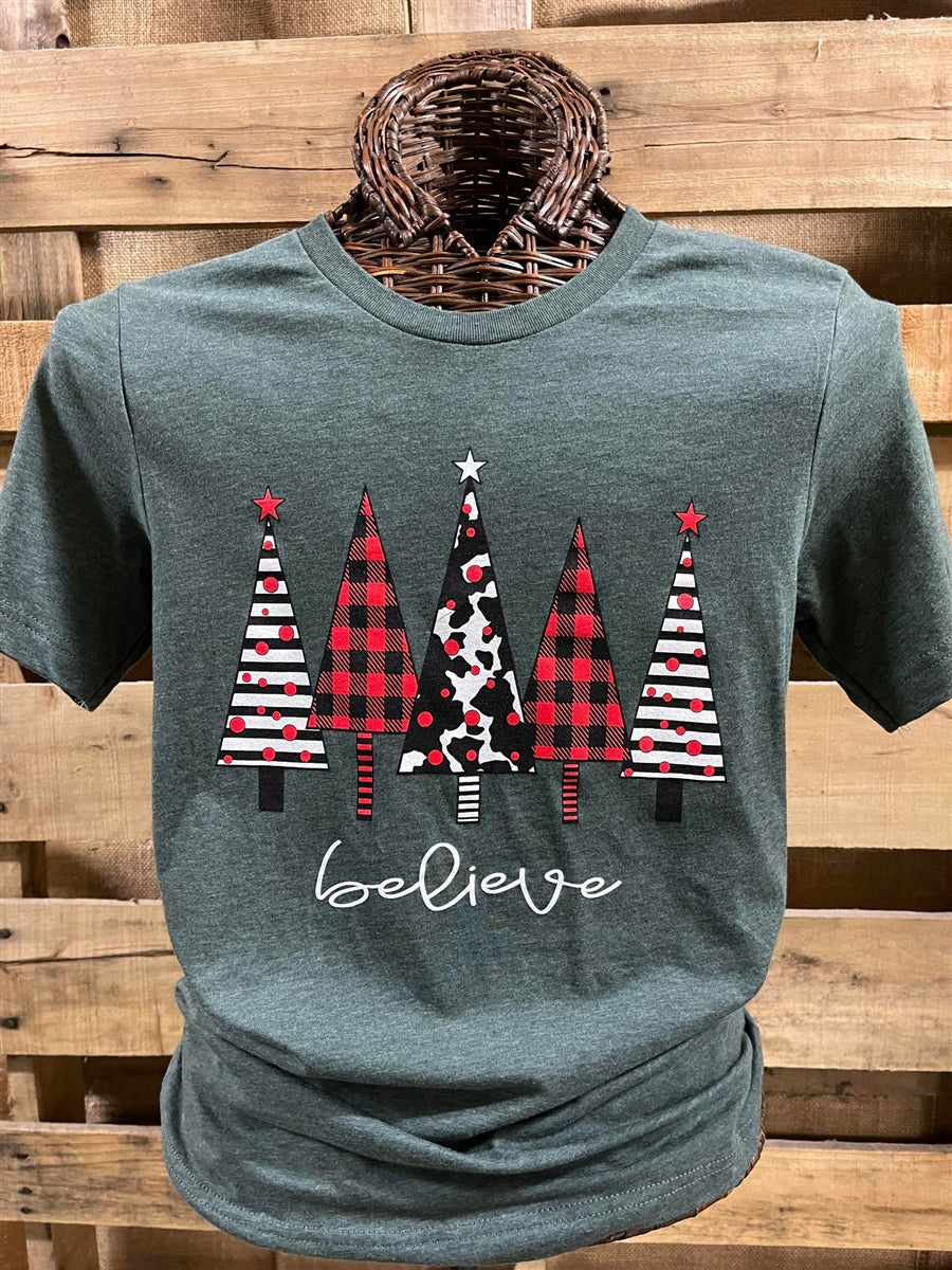 Southern Chics Apparel Believe Christmas Trees Canvas T-Shirt