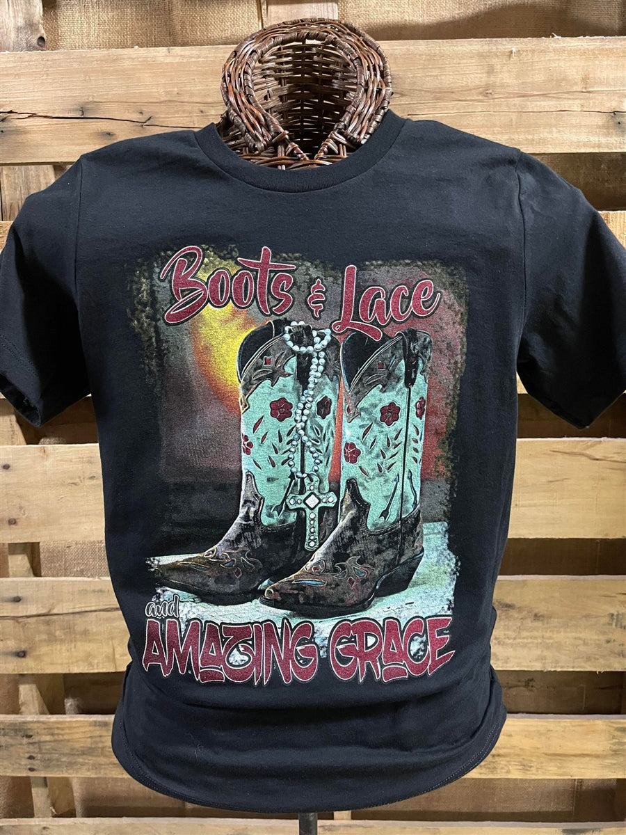Southern Chics Apparel Boots Lace Amazing Grace Christian Canvas Bright T Shirt