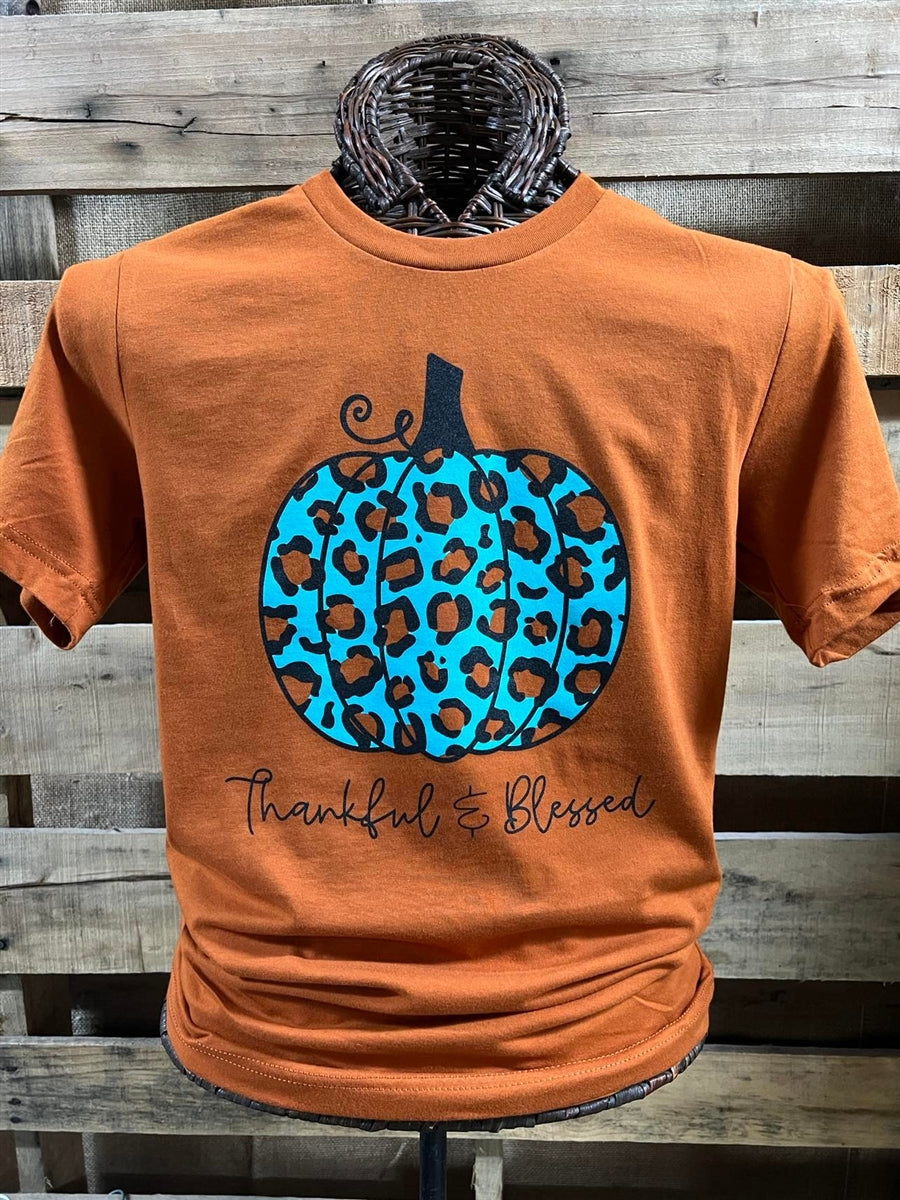 Southern Chics Apparel Leopard Turquoise Pumpkin Canvas T-Shirt