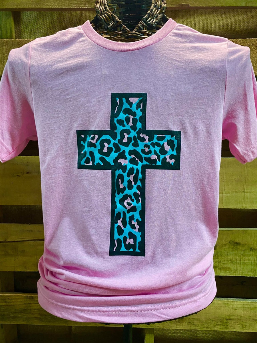 Southern Chics Apparel Turquiose Leopard Cross Pink Canvas Girlie Bright T Shirt