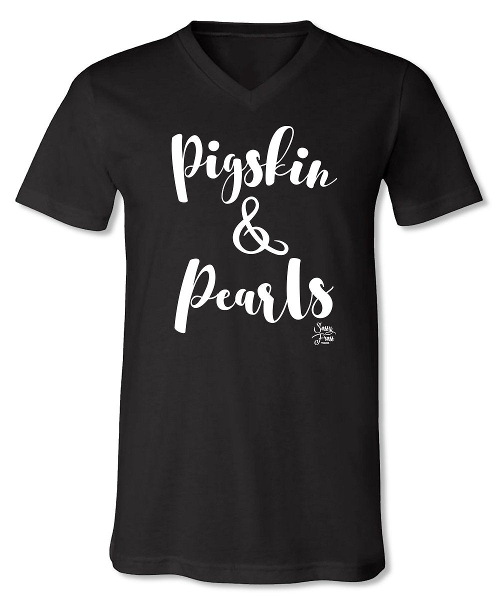 Sassy Frass Black Pigskin & Pearls Football V-neck Bright Girlie T Shirt