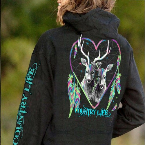 Country Life Feather Deer Dream Heart Black Pullover Shirt Hoodie
