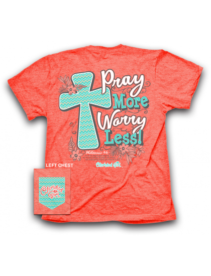 Cherished Girl Pray More Worry Less Chevron Cross Flower Christian Girlie Bright T Shirt - SimplyCuteTees