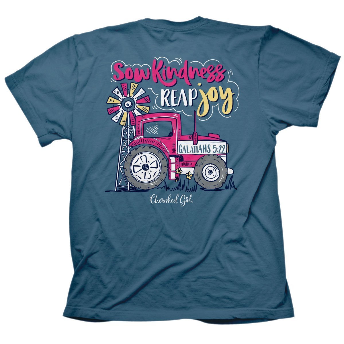 Cherished Girl Sow Kindness Reap Joy Tractor Girlie Christian Bright T Shirt