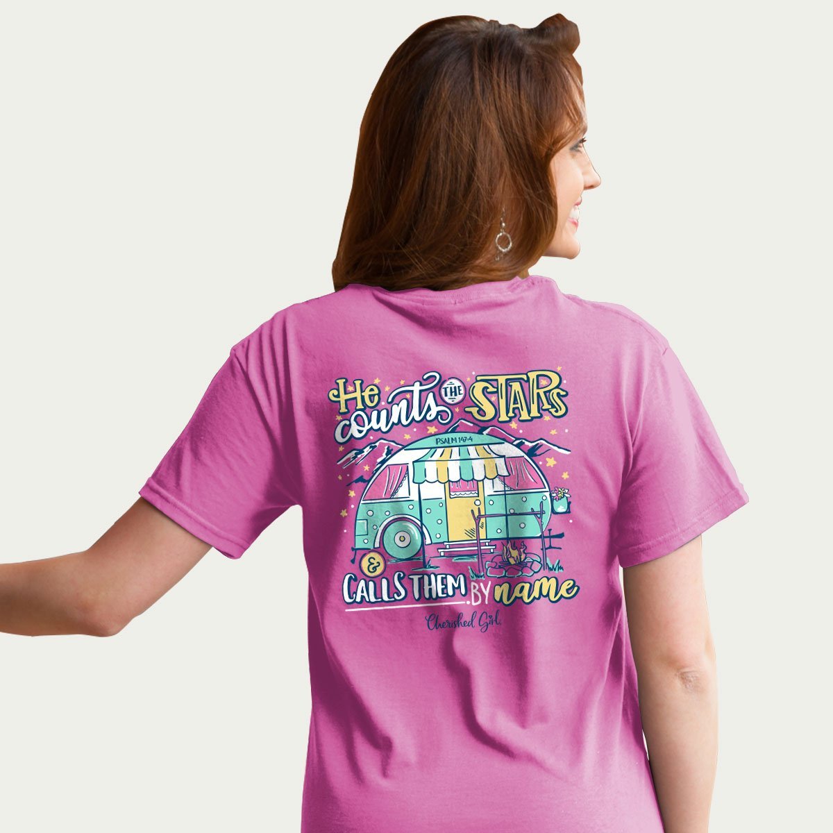 Cherished Girl He Counts the Stars & Call Them by Name Girlie Christian Bright T Shirt