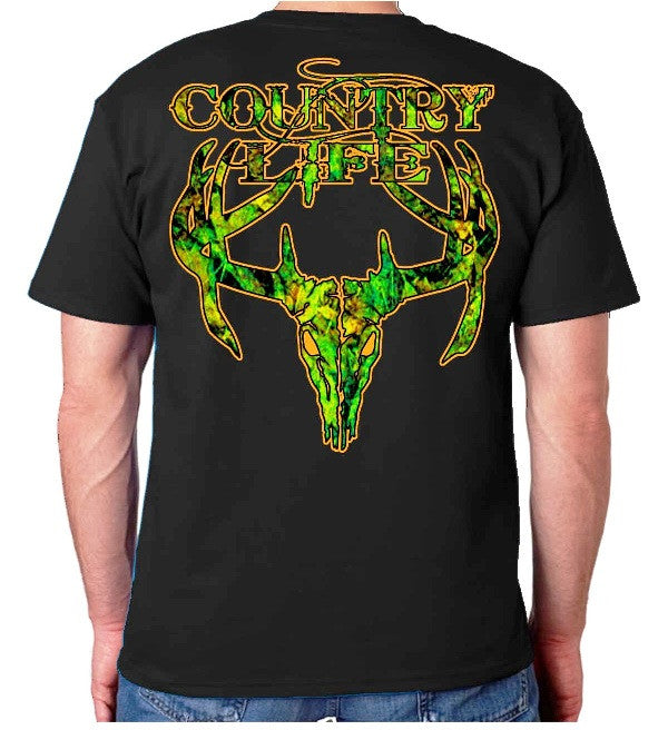 Country Life Outfitters Black & Orange Camo Realtree Deer Skull Head Hunt Vintage Unisex Bright T Shirt - SimplyCuteTees
