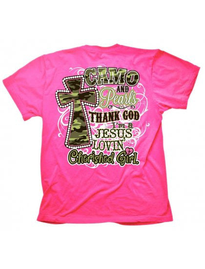 Cherished Girl Camo & Pearls Jesus Lovin Country Girl Cross Girlie Christian Bright T Shirt - SimplyCuteTees