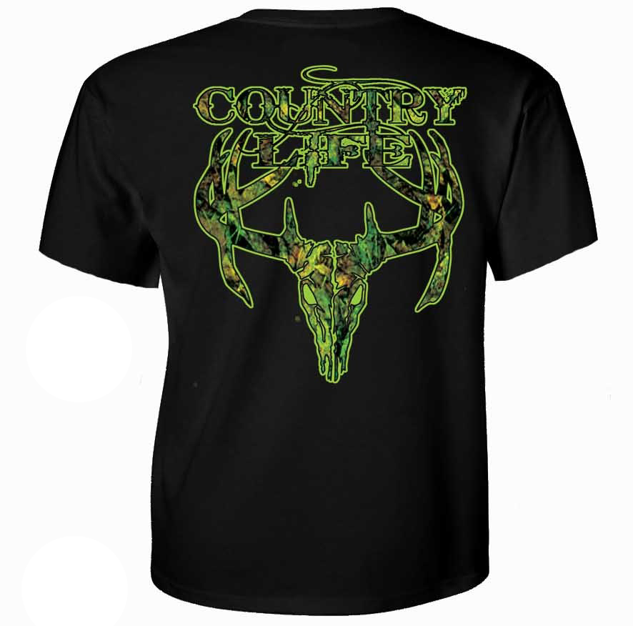 Country Life Outfitters Black & Green Camo Realtree Deer Skull Head Hunt Vintage Unisex Bright T Shirt - SimplyCuteTees
