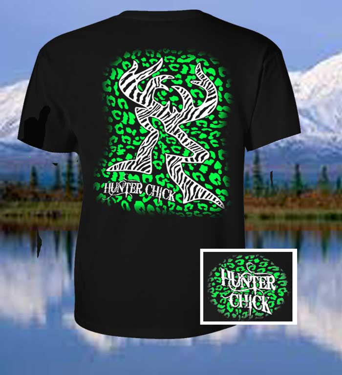 Country Life Outfitters Hunter Chick Black & Green Cheetah Deer Head Hunt Vintage Bright T Shirt - SimplyCuteTees