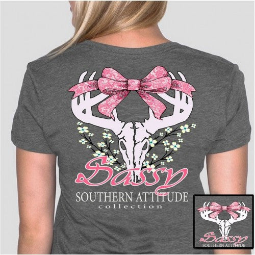 Southern Attitude Preppy Sassy Deer Skull Bow T-Shirt