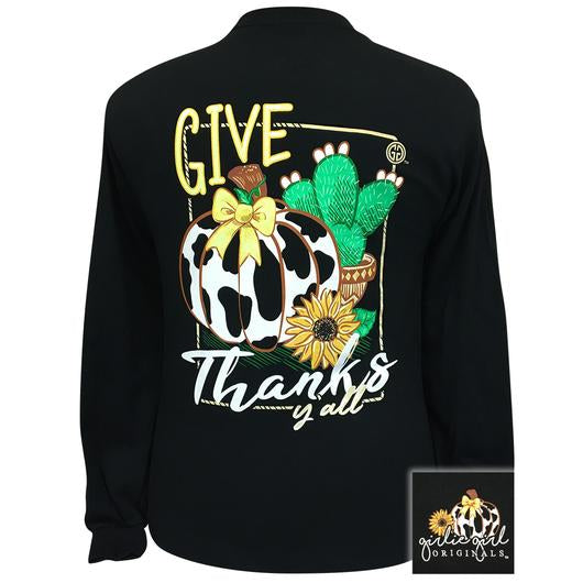 Girlie Girl Originals Give Thanks Fall Cow Pumpkin  Long Sleeves T Shirt
