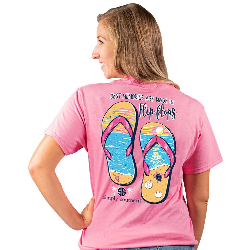 Sale Simply Southern Preppy Best Memories Are Made in Flip Flops T-Shirt Youth Small / Flamingo