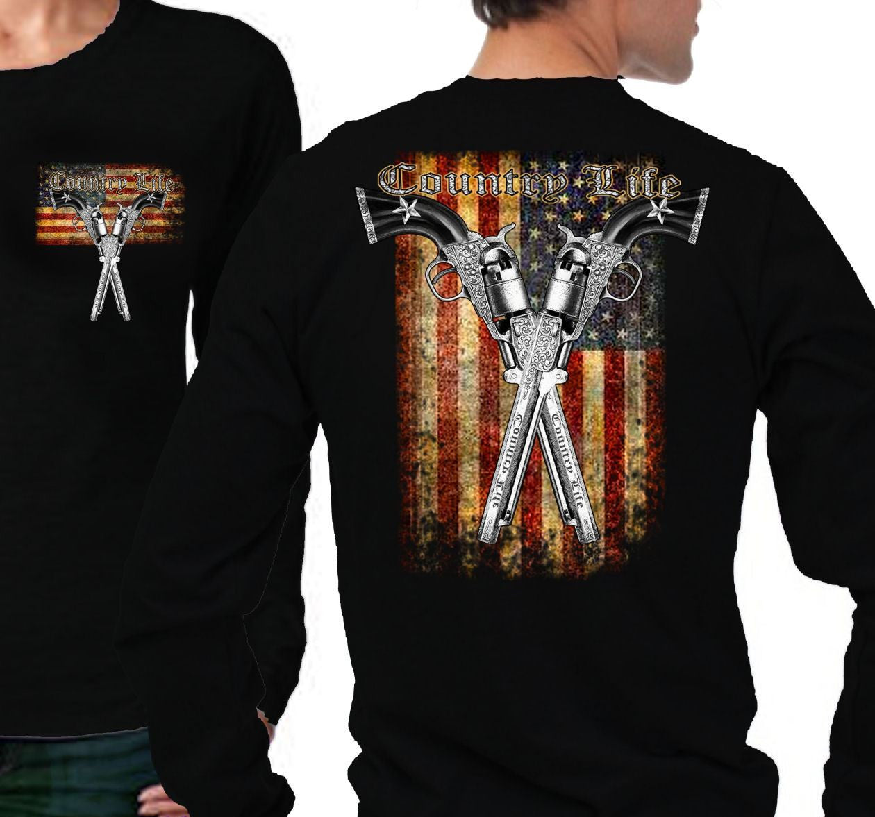 Country Life Outfitters USA American Flag Guns Vintage Unisex Black Long Sleeves Bright T Shirt - SimplyCuteTees