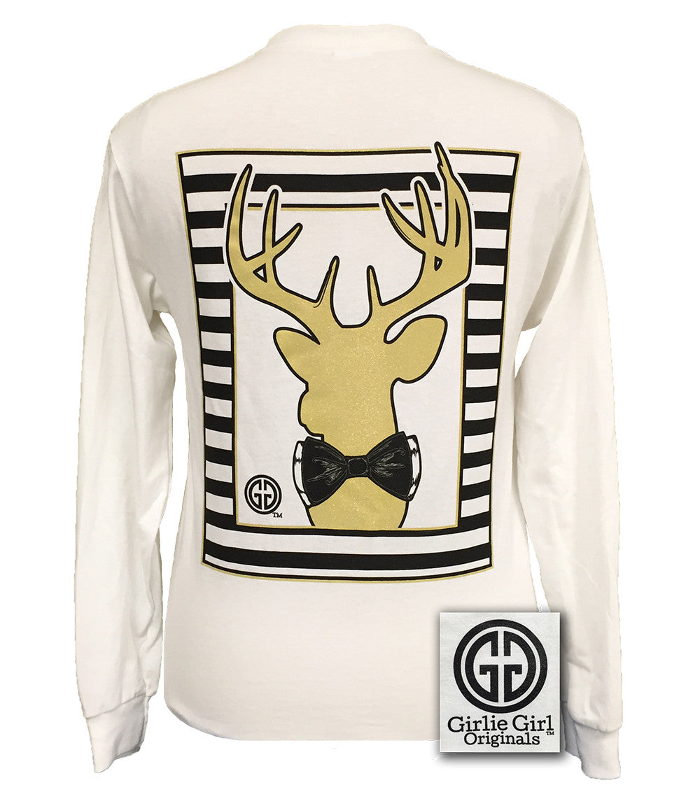 Girlie Girl Originals Collection Preppy Gold Deer Country White Long Sleeves T Shirt - SimplyCuteTees