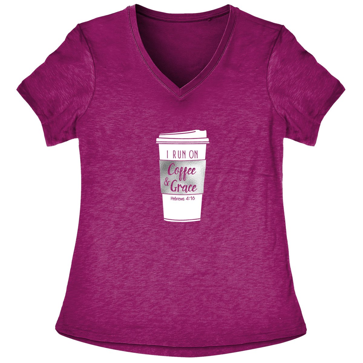 Grace &amp; Truth  I Run on Coffee &amp; Grace V-Neck Christian Cherished Girl Bright T Shirt