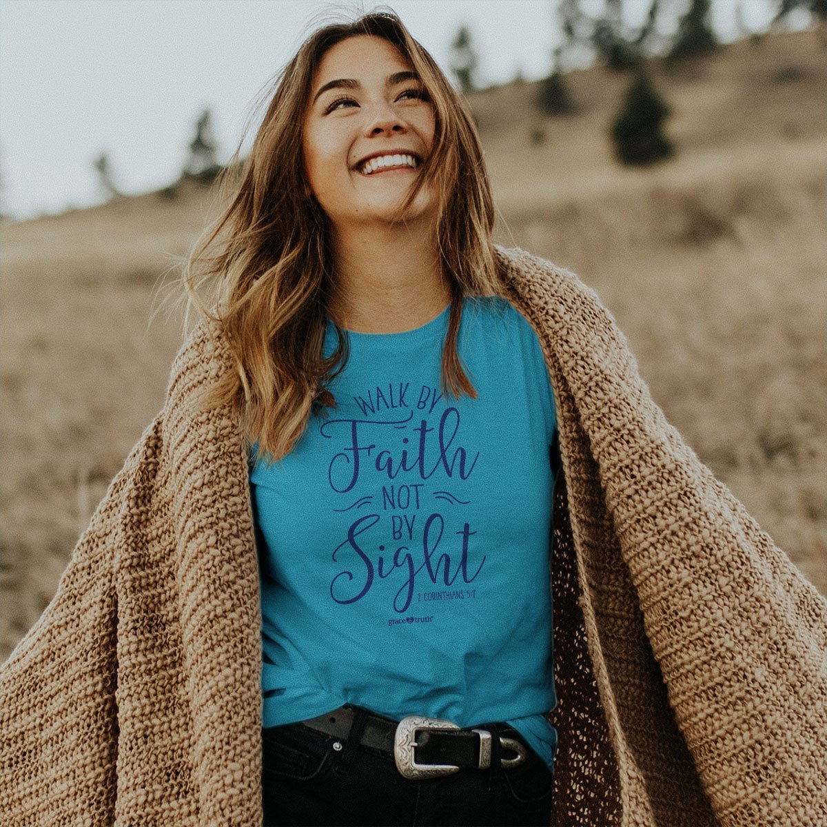 Cherished Girl Grace &amp; Truth Walk By Faith Not By Sight Girlie Christian Bright T Shirt