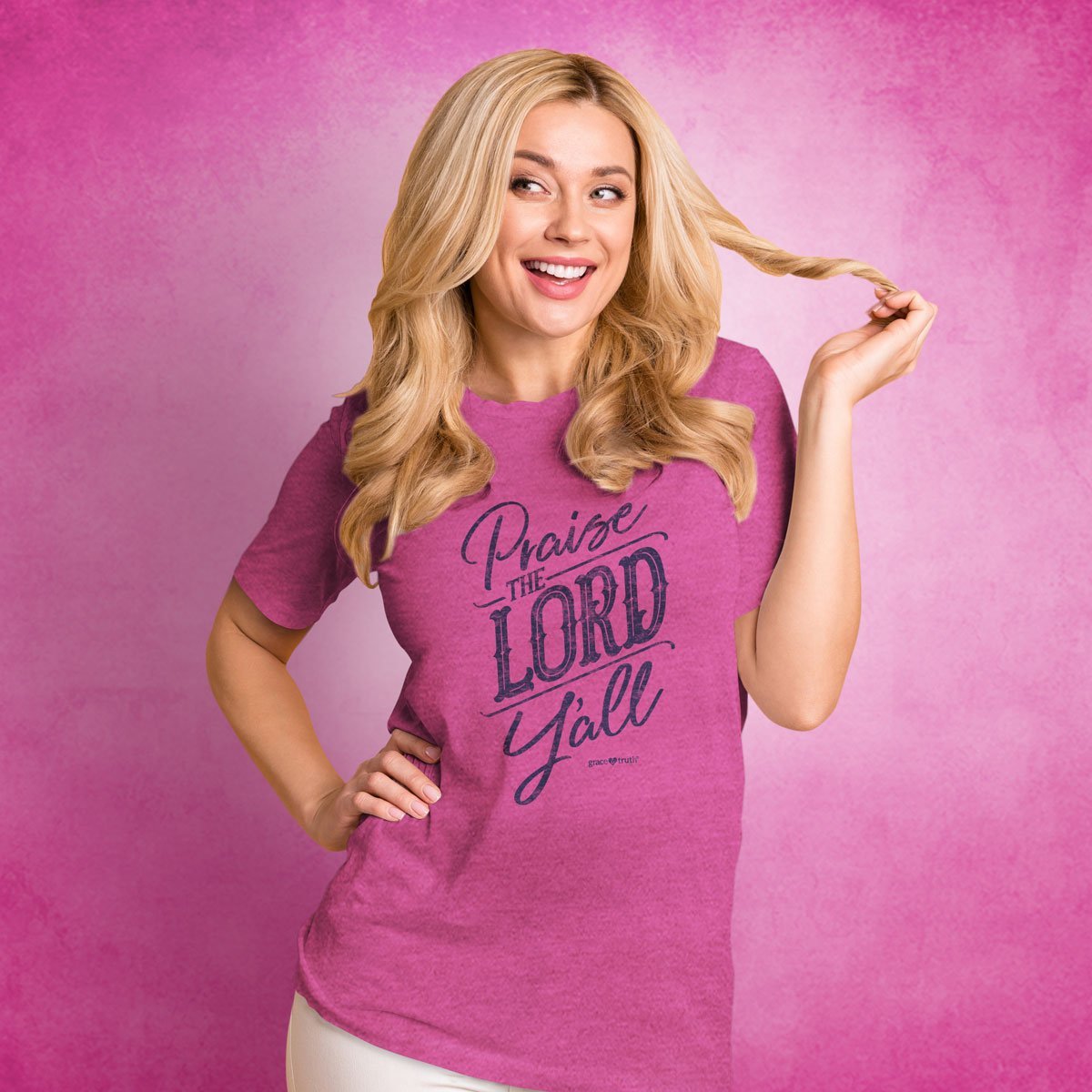 Cherished Girl Grace & Truth Praise the Lord Y'all Girlie Christian Bright T Shirt