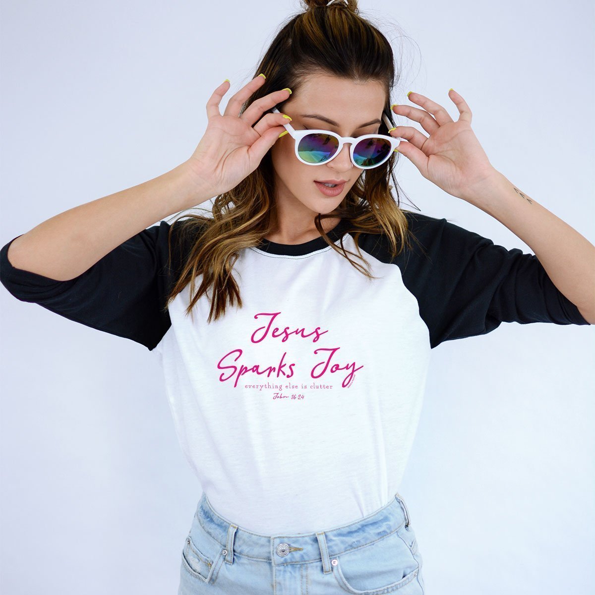Cherished Girl Grace &amp; Truth Jesus Sparks Joy Christian Long Sleeve Raglan T Shirt