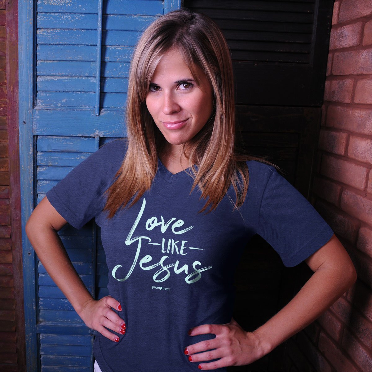 Cherished Girl Grace &amp; Truth Love like Jesus V-Neck Girlie Christian Bright T Shirt