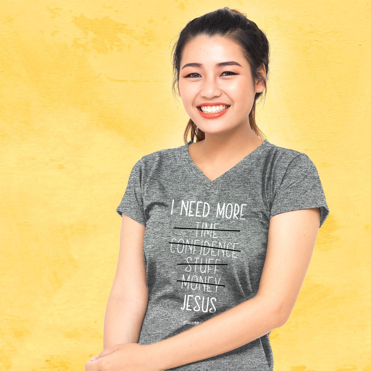 Cherished Girl Grace &amp; Truth I Need More Jesus V-Neck Girlie Christian Bright T Shirt