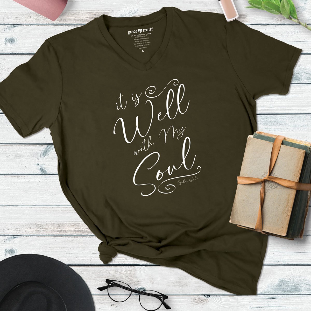 Cherished Girl Grace &amp; Truth It is Well With My Soul V-Neck Girlie Christian Bright T Shirt