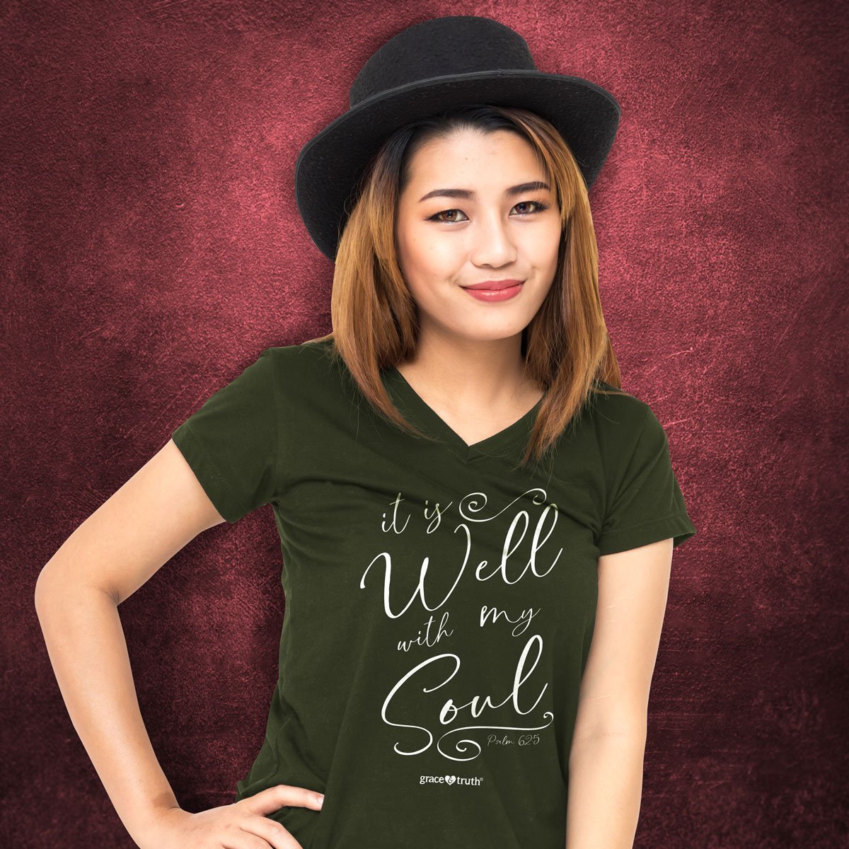 Cherished Girl Grace & Truth It is Well With My Soul V-Neck Girlie Christian Bright T Shirt