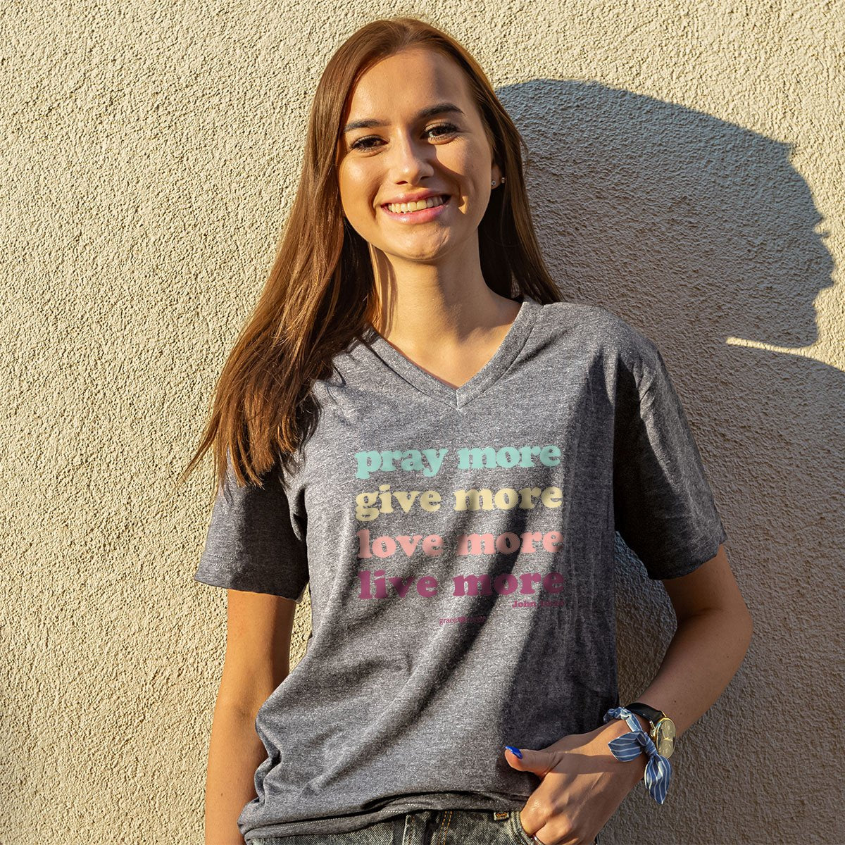 Cherished Girl Grace &amp; Truth Pray More Christian V-Neck T-Shirt
