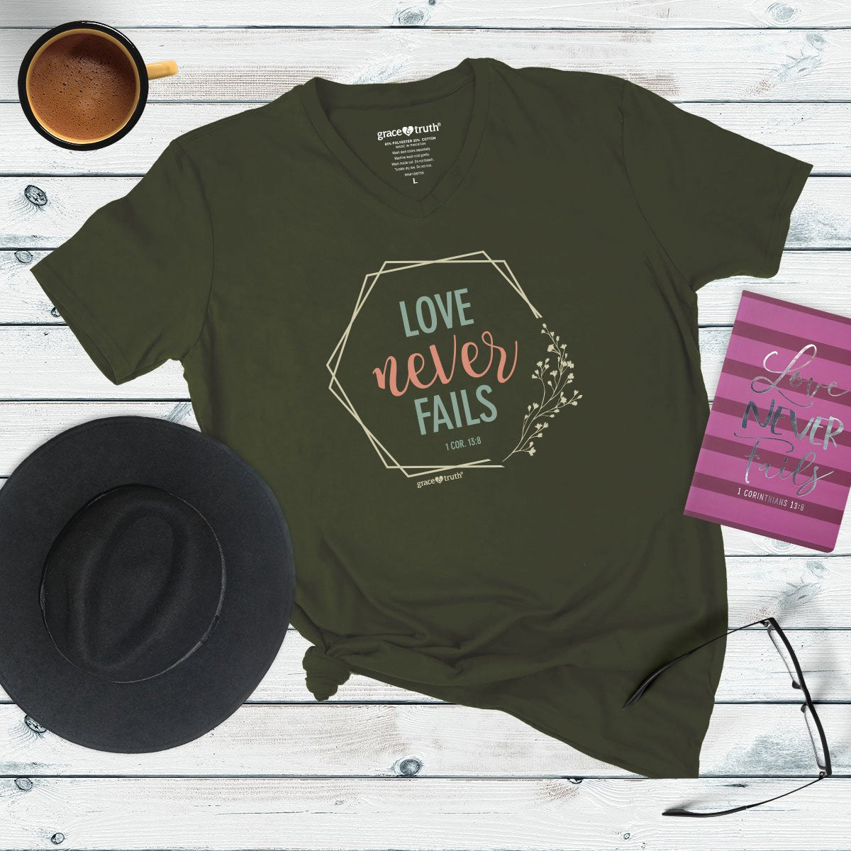 Cherished Girl Grace &amp; Truth Love Never Fails Christian V-Neck T-Shirt