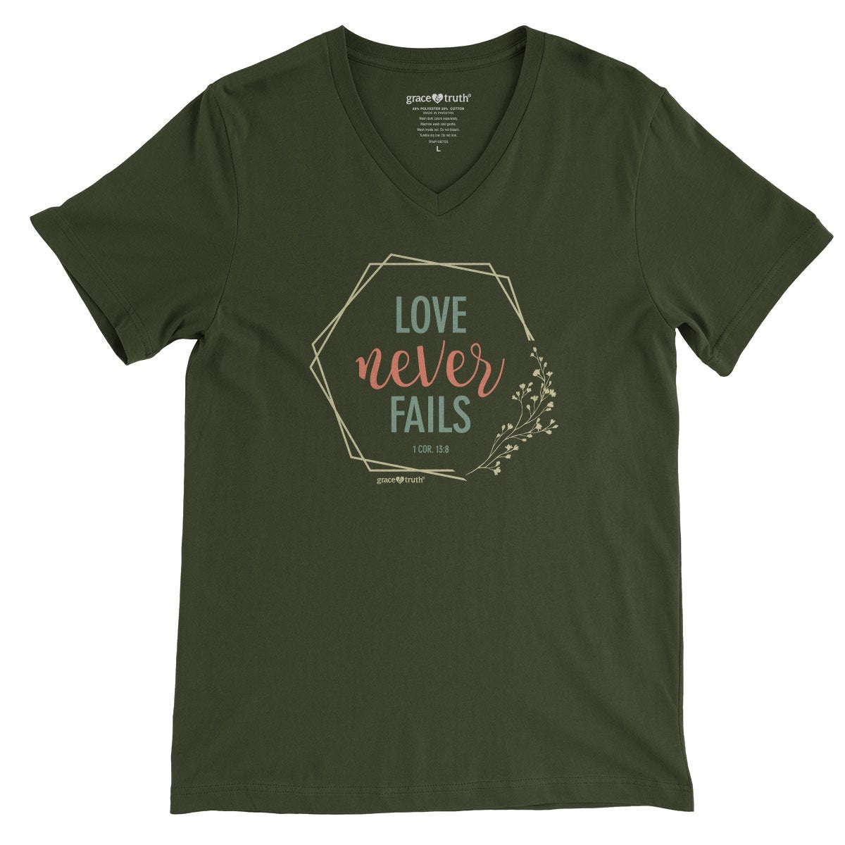 Cherished Girl Grace & Truth Love Never Fails Christian V-Neck T-Shirt
