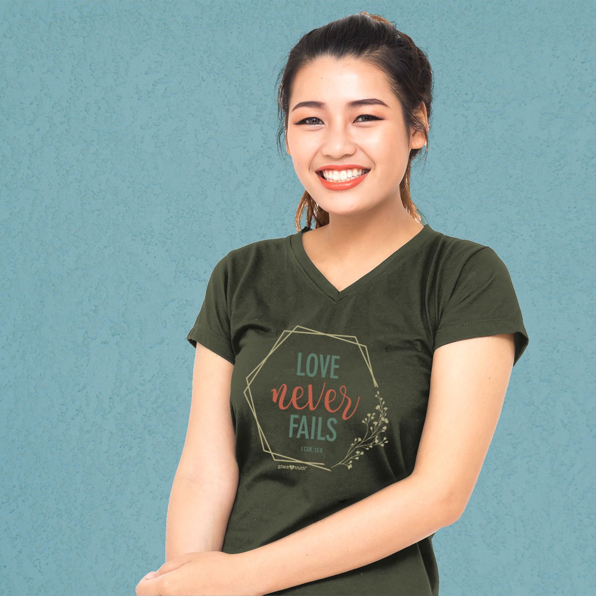 Cherished Girl Grace &amp; Truth Love Never Fails Christian V-Neck T-Shirt