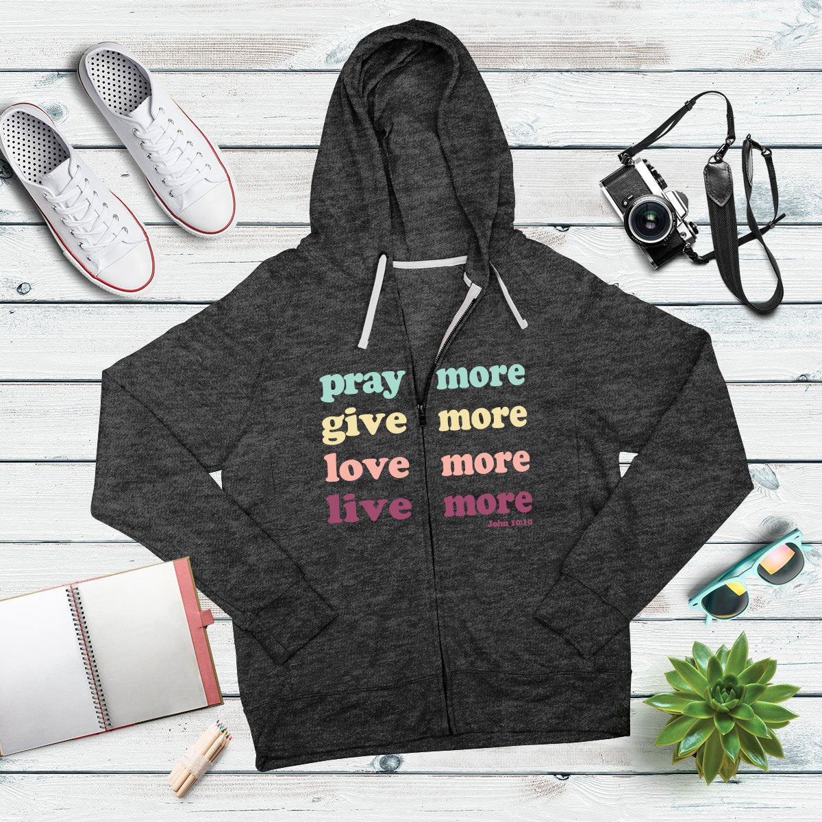 grace &amp; truth Terry Zip Sweatshirt Live More Long Sleeve Hoodie
