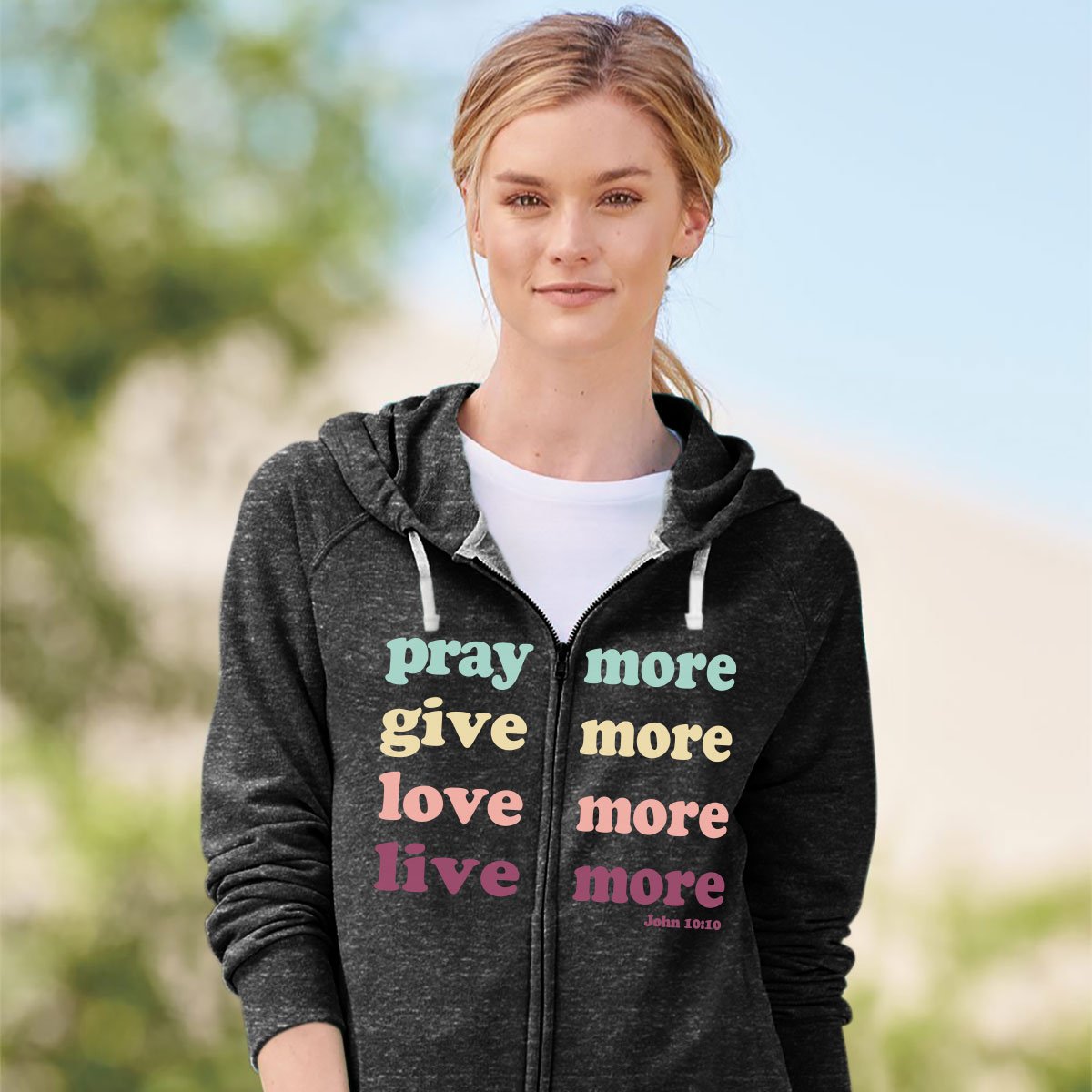 grace &amp; truth Terry Zip Sweatshirt Live More Long Sleeve Hoodie