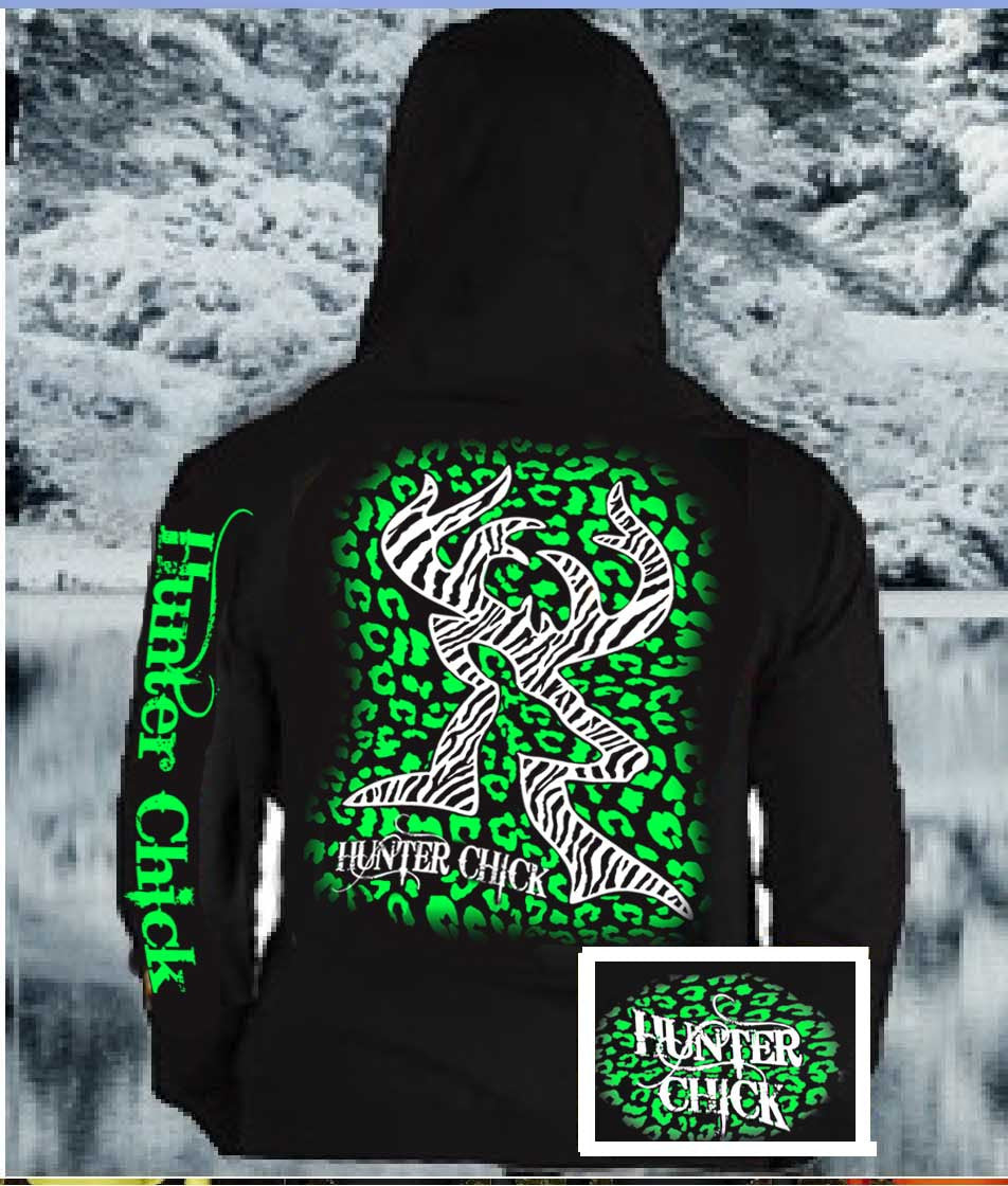 Country Life Outfitters Hunter Chick Black & Green Cheetah Deer Head Hunt Vintage Bright Hoodie - SimplyCuteTees