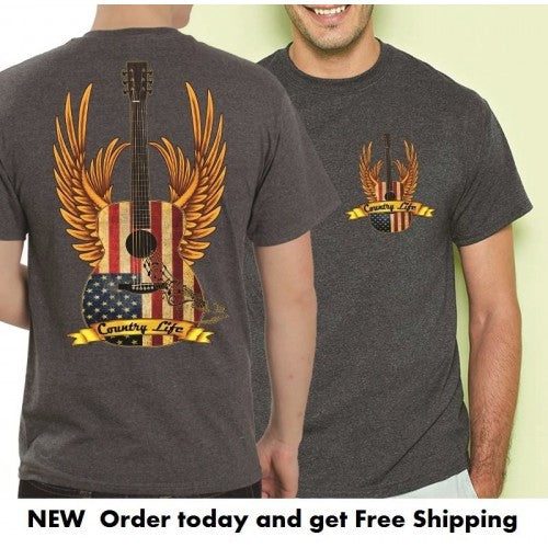 Country Life Outfitters USA American Flag Guitar Wings Vintage Unisex Gray Bright T Shirt - SimplyCuteTees
