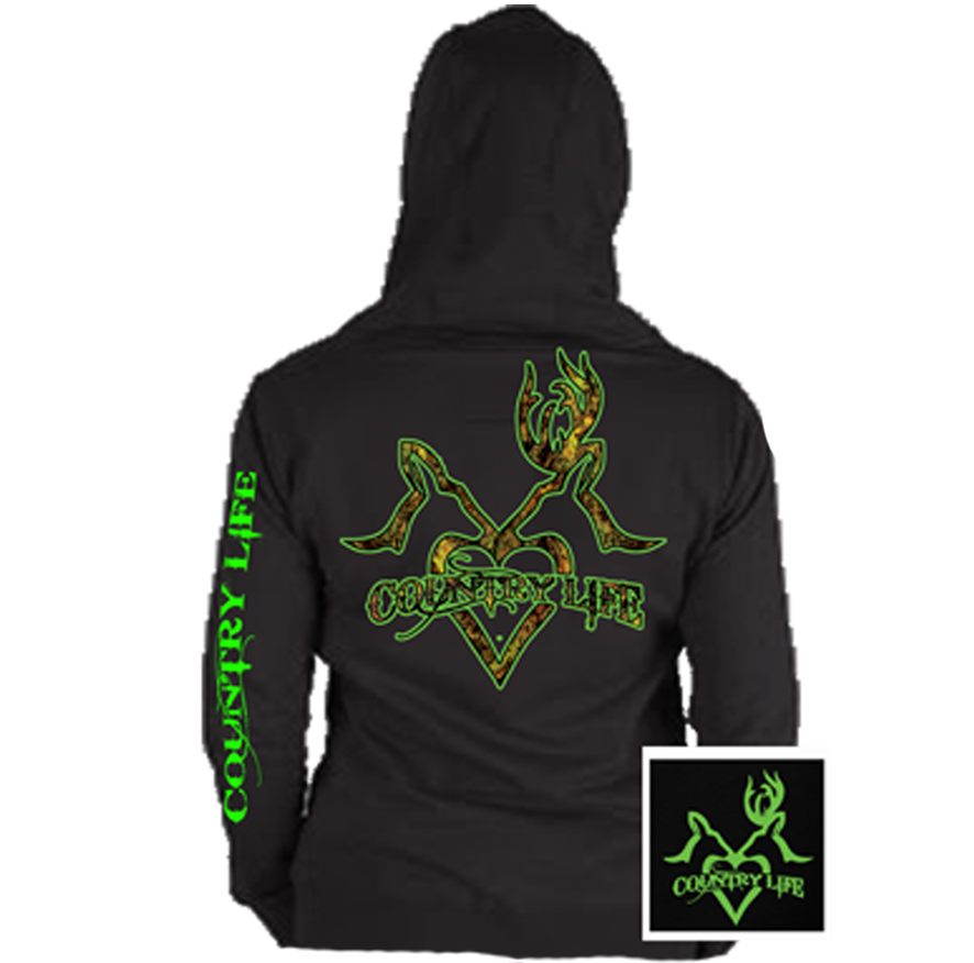 Country Life Outfitters Black & Green Deer Kiss Heart Love Hunt Bright Hoodie - SimplyCuteTees