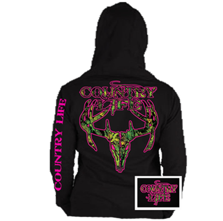 Country Life Outfitters Black & Pink Camo Realtree Deer Skull Head Hunt Vintage Hoodie - SimplyCuteTees