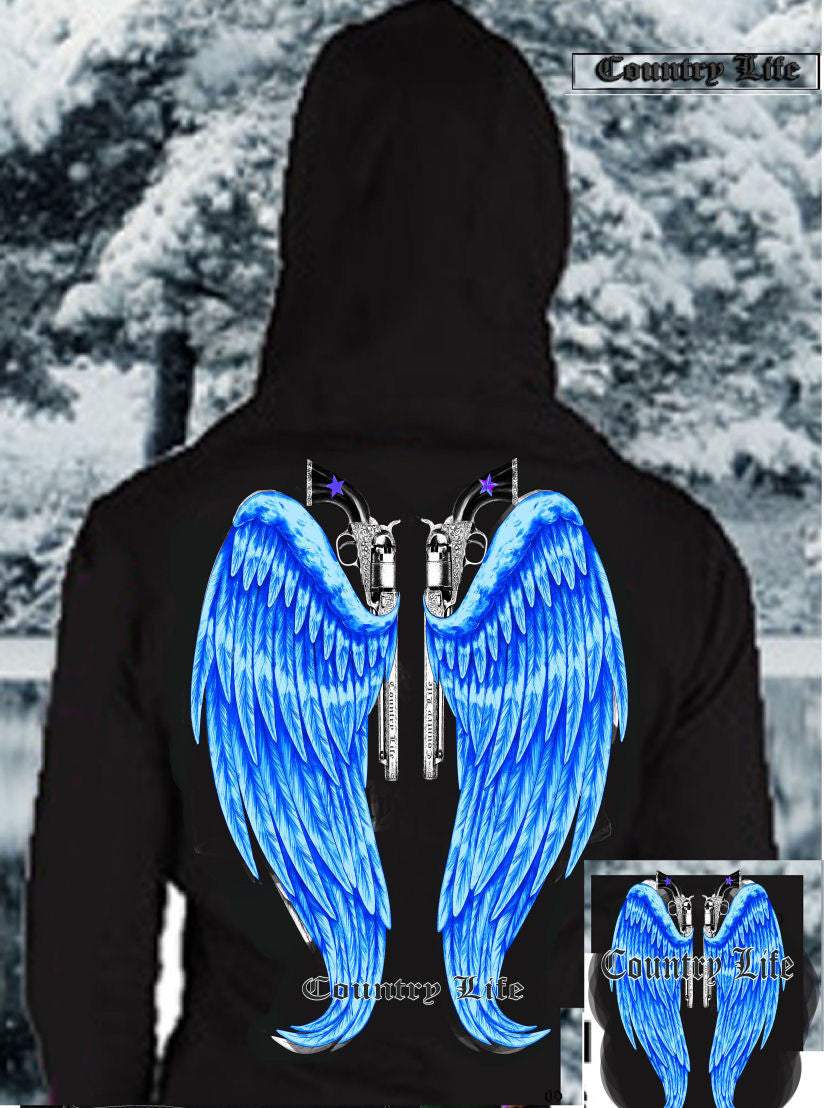Country Life Outfitters Wings Guns Vintage Black & Blue Bright Girlie Hoodie - SimplyCuteTees