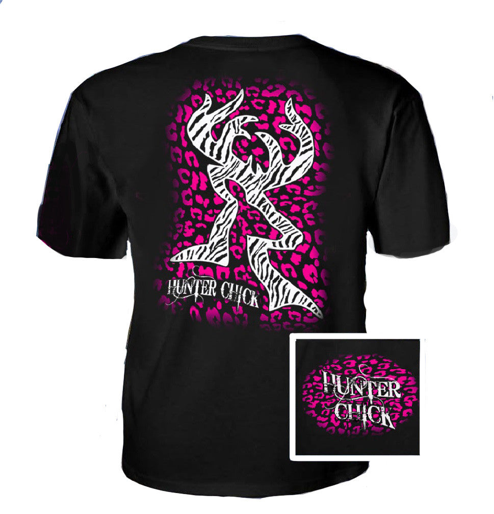 Country Life Outfitters Hunter Chick Black & Pink Cheetah Deer Head Hunt Vintage Bright T Shirt - SimplyCuteTees
