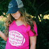 Sassy Frass Most Wonderful Time of the Year Football Season Pink Jersey Girlie V Neck Bright T Shirt - SimplyCuteTees