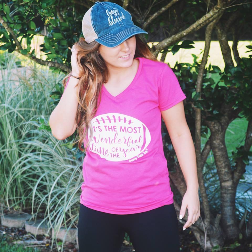 Sassy Frass Most Wonderful Time of the Year Football Season Pink Jersey Girlie V Neck Bright T Shirt - SimplyCuteTees