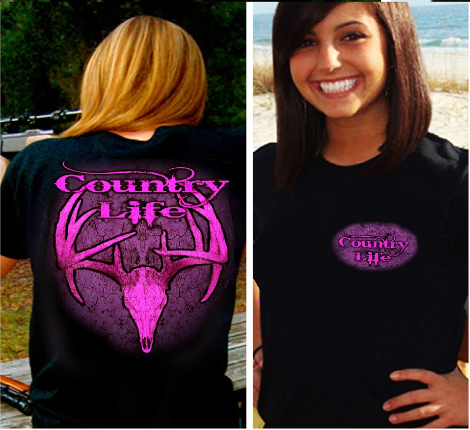 Country Life Outfitters Black & Pink Jen Deer Head Skull Hunt Vintage Bright T Shirt - SimplyCuteTees