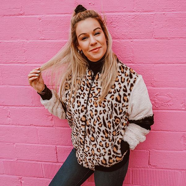Katydid Preppy Leopard Sherpa Fur Full Zip Jacket T-Shirt