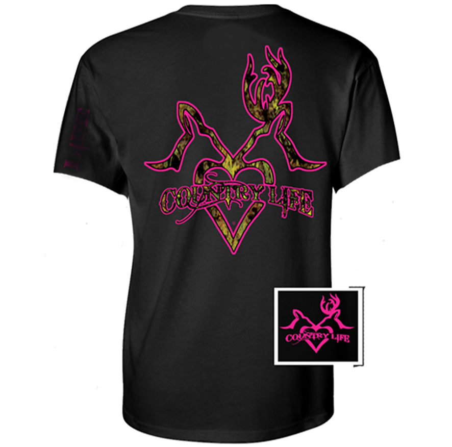 Country Life Outfitters Black & Pink Deer Kiss Heart Love Hunt Vintage Bright T Shirt - SimplyCuteTees