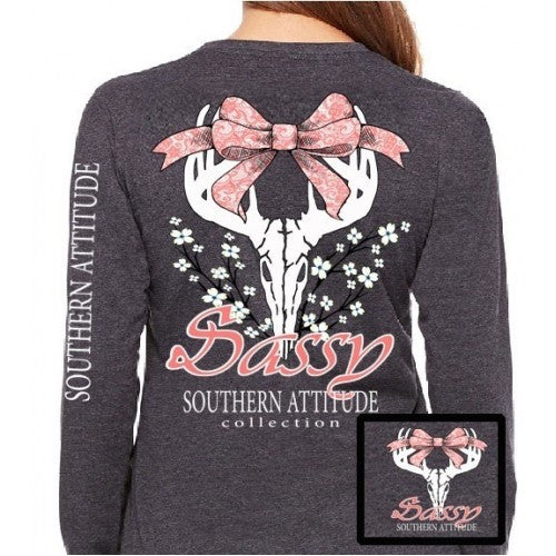 Southern Attitude Preppy Sassy Deer Skull Bow Long Sleeve T-Shirt
