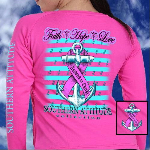 Southern Attitude Faith Hope Anchor Breast Cancer Pink Long Sleeve T-Shirt