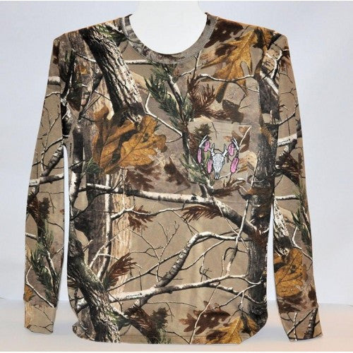 Sale Country Life Southern Attitude Bone Realtree Camo Camouflage Deer Skull Feathers Long Sleeve  T-Shirt