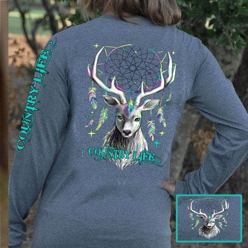 SALE Country Life Outfitters Preppy Feather Deer Dream Long Sleeve T-Shirt
