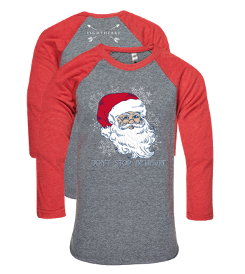 Southern Couture Lightheart Don't Stop Believin Santa Christmas Triblend Front Print Raglan Long Sleeve T-Shirt